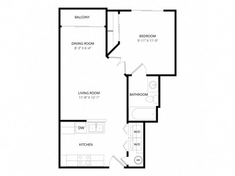 Floor plan for 1 bed, 1 bath, 525 sqft